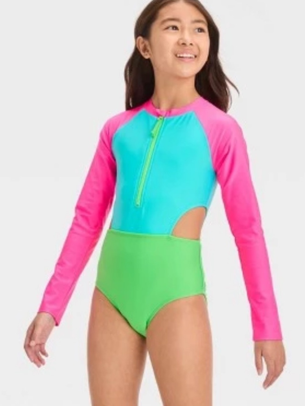 🚘 BWOT art class Long-Sleeve Rashguard One-Piece Swimsuit - Pink/Turquoise/Green